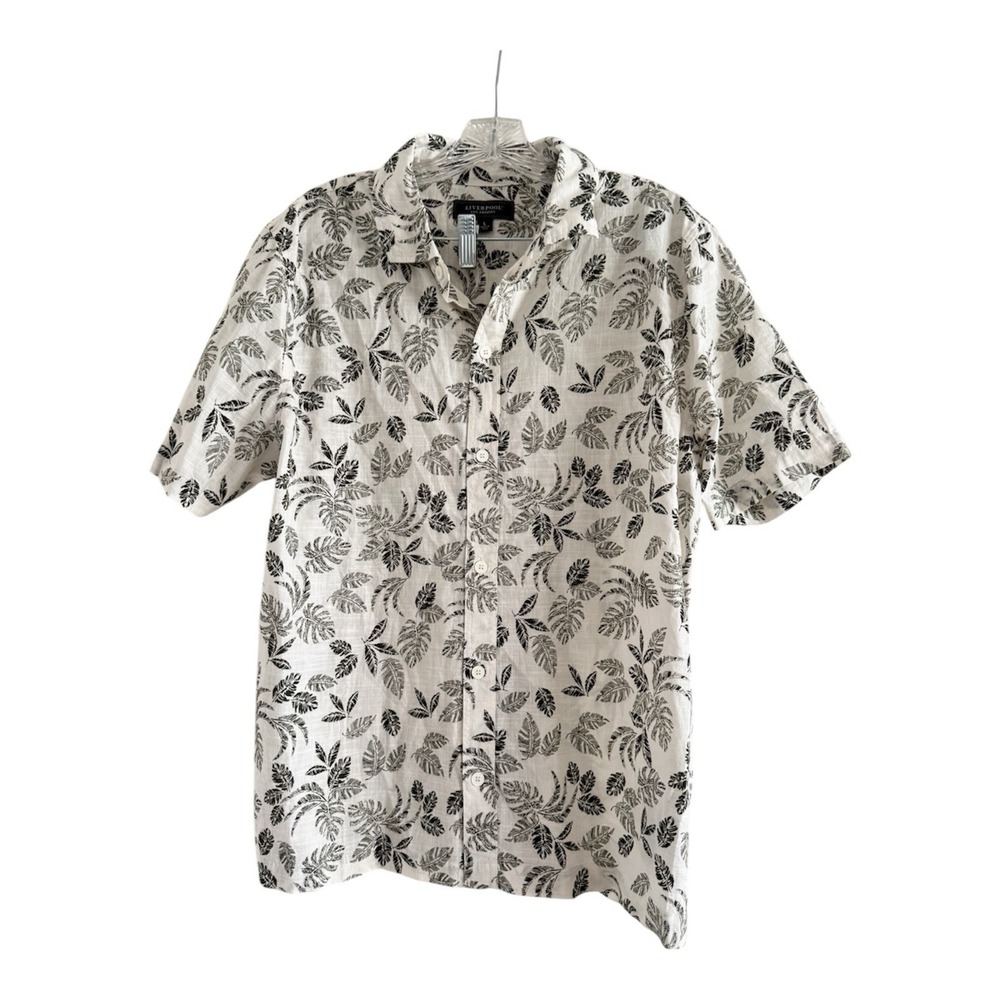 LIVERPOOL Los Angeles Men White Green Hawaiian Palm Tree Button Up Shirt (LARGE)
